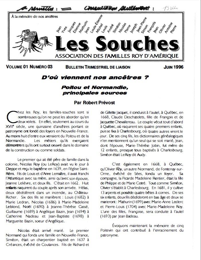 Revue Les Souches, Volume 1, numéro 3, Juin 1996